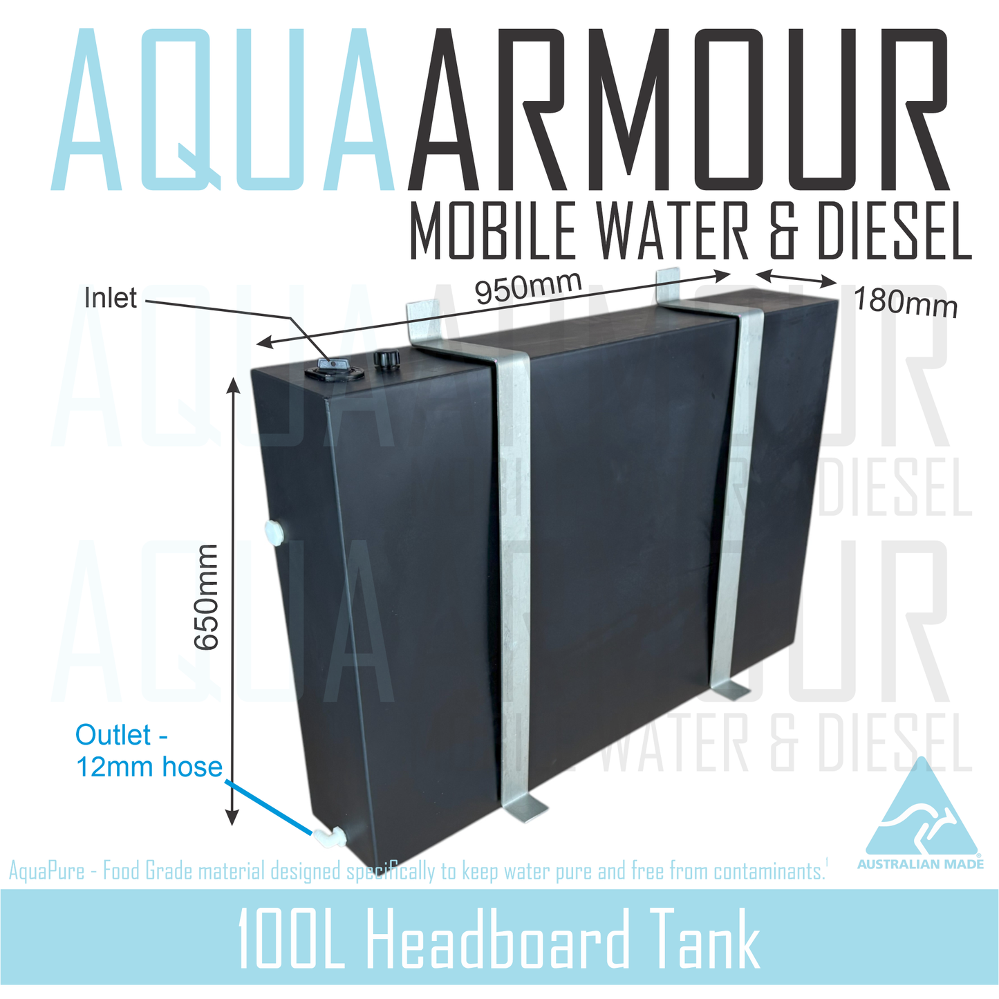 100L Slimline Headboard Fresh Water Tank with Wall to Floor Brackets