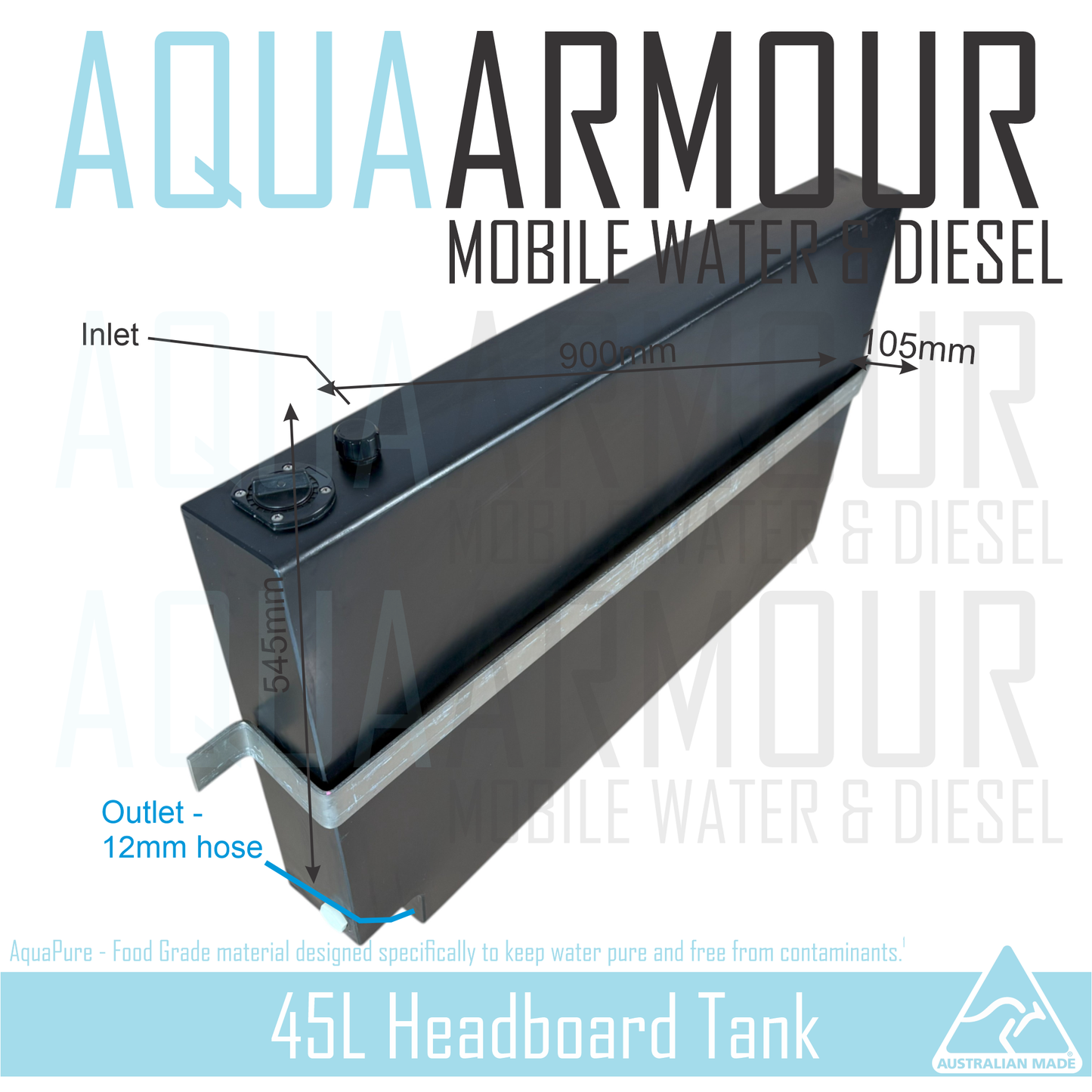 45L Slimline Headboard Fresh Water Tank with Wall to Wall Mounting Bracket