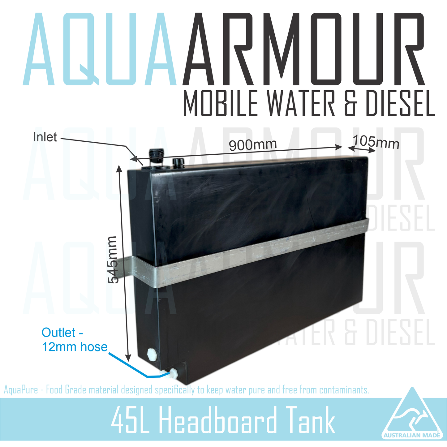 45L Slimline Headboard Fresh Water Tank with Wall to Wall Mounting Bracket