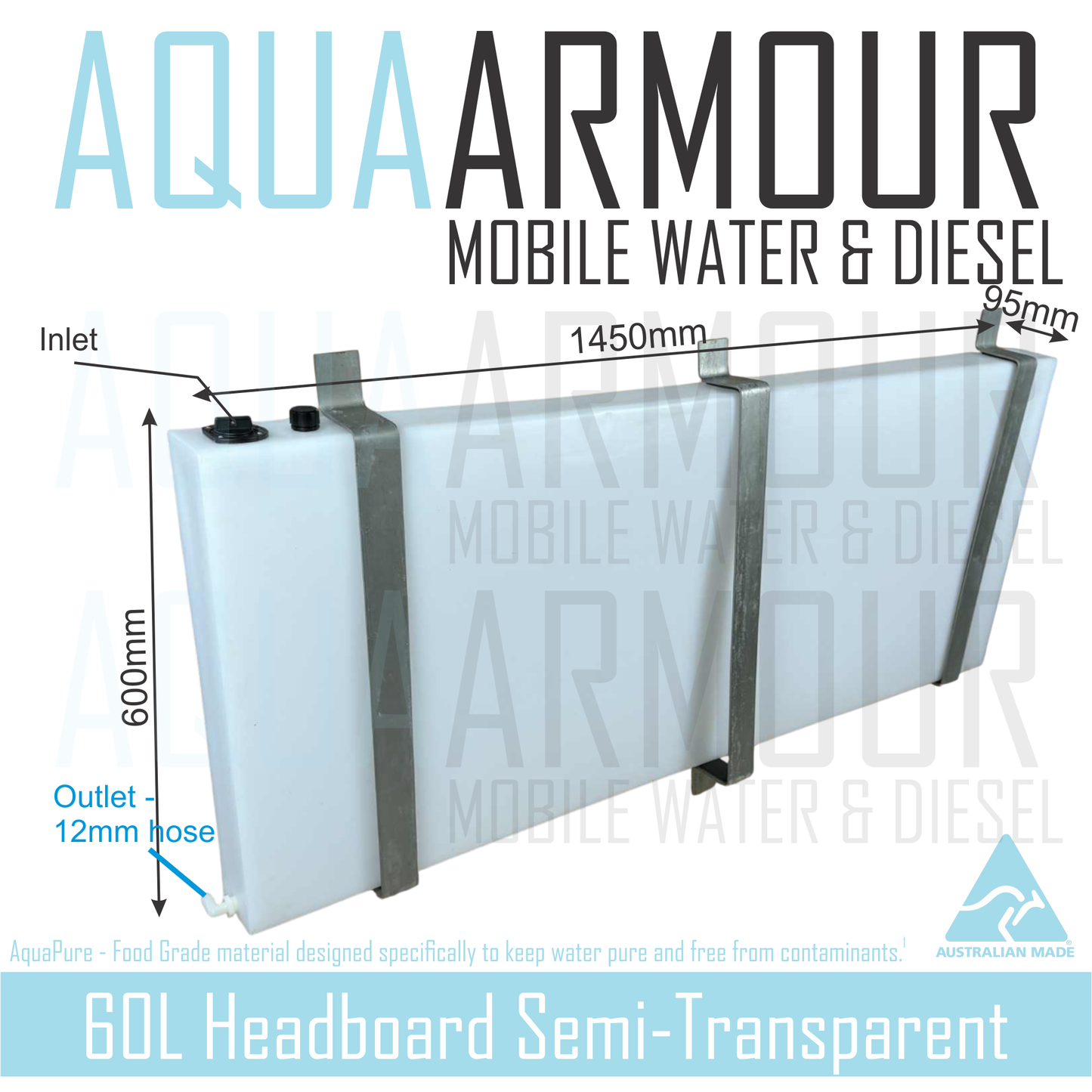 60L Semi-Transparent Headboard Fresh Water Tank with Brackets (two styles available).