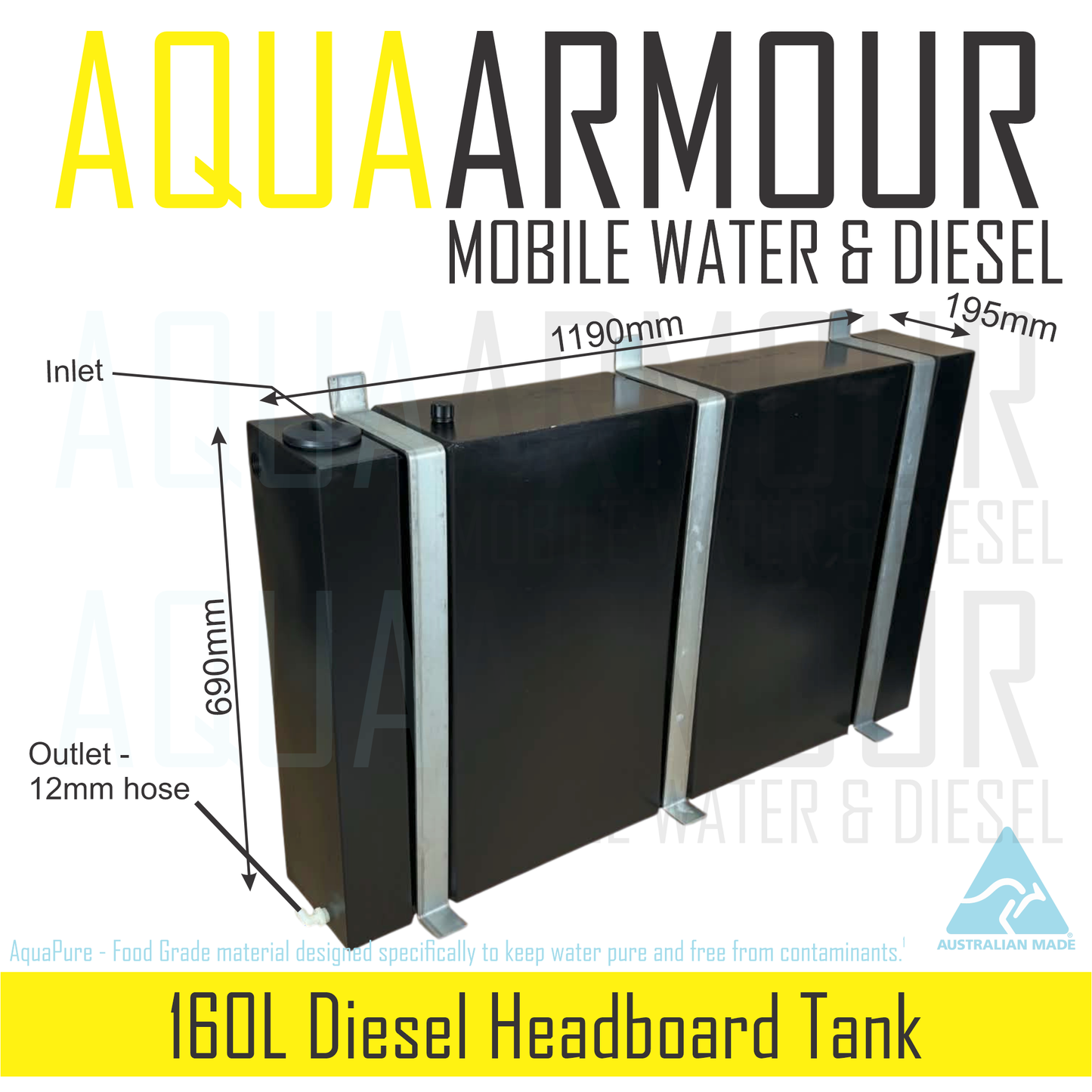 160L Diesel Extra Large Auxiliary Fuel Headboard Tank with Heavy Duty Mounting Brackets