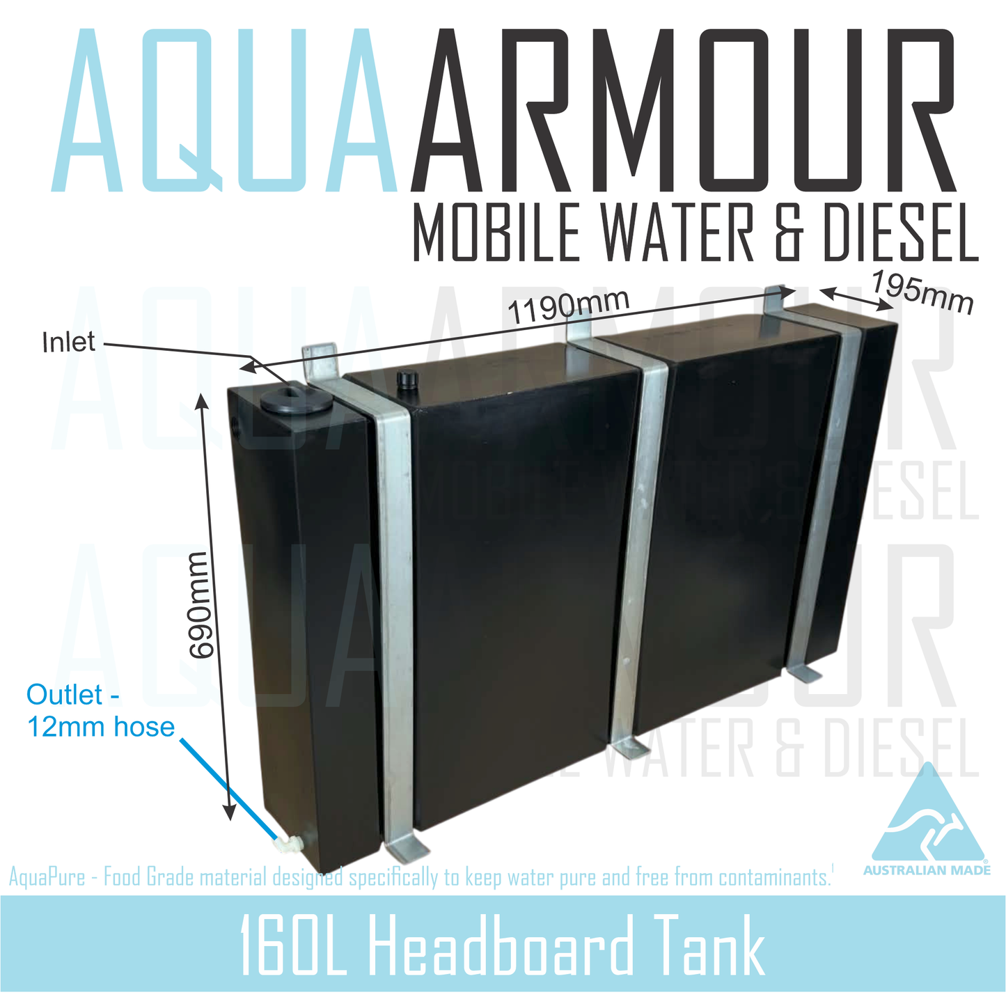 160L Extra Large Headboard Fresh Water Tank with Extra Heavy Duty Mounting Brackets.