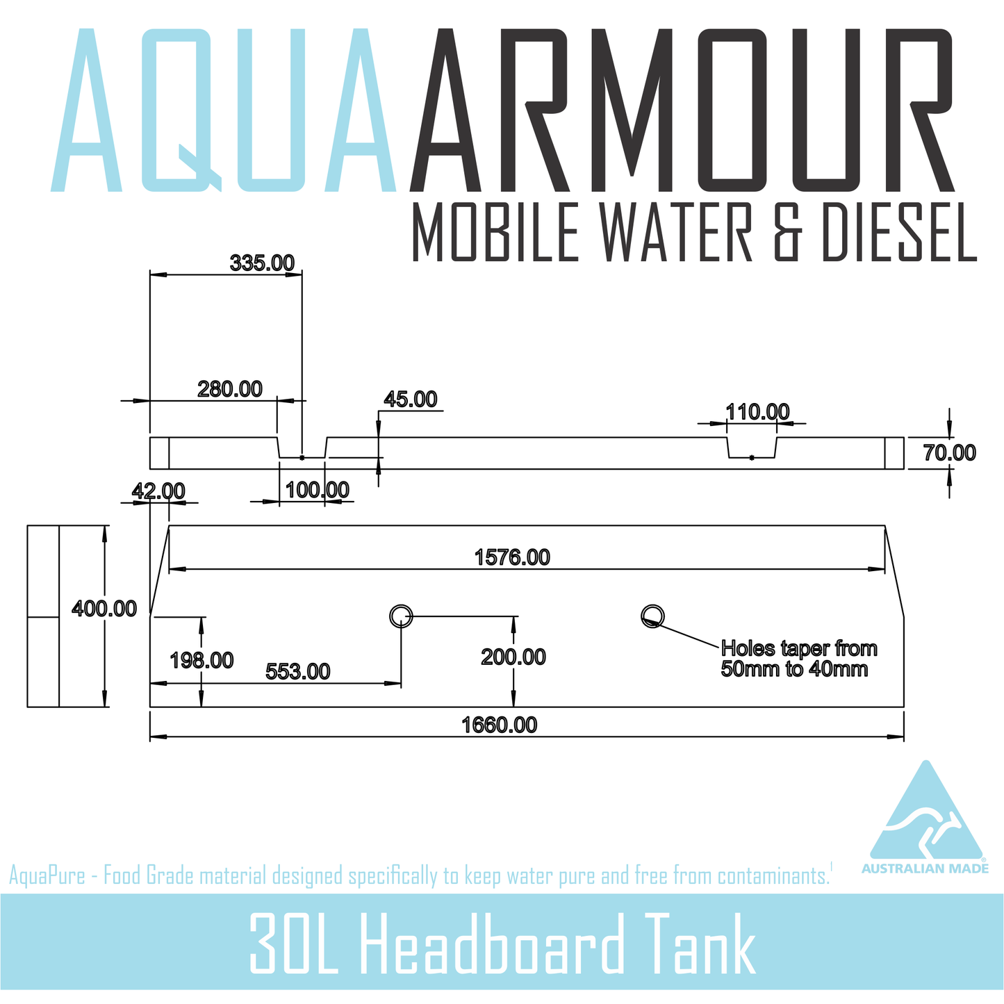 30L Slimline Headboard Fresh Water Tank (166x40x7)