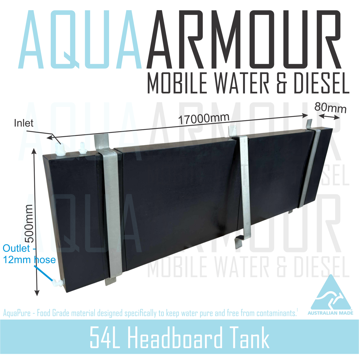 54L Slimline Headboard Fresh Water Tank with Brackets (Fill & Bracket options within).