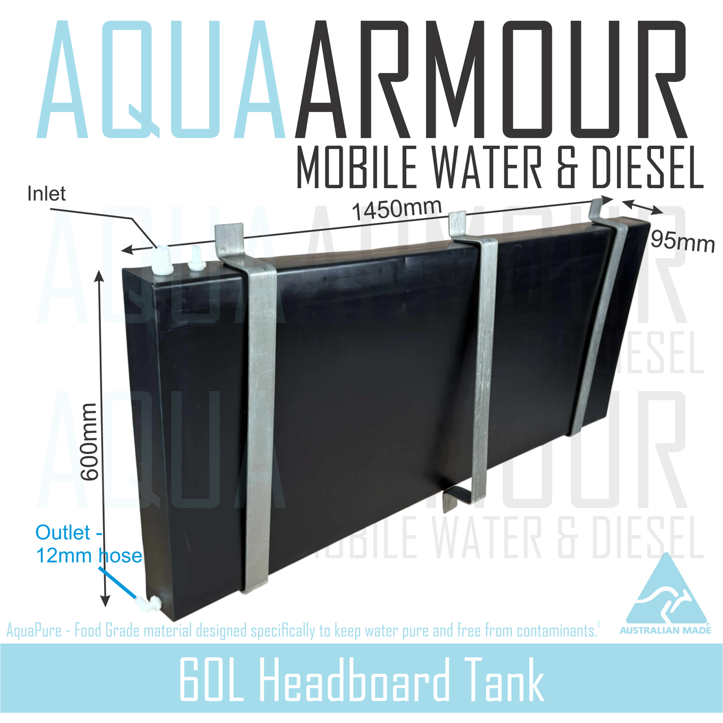 60L Slimline Headboard Fresh Water Tank with Brackets (two styles available).