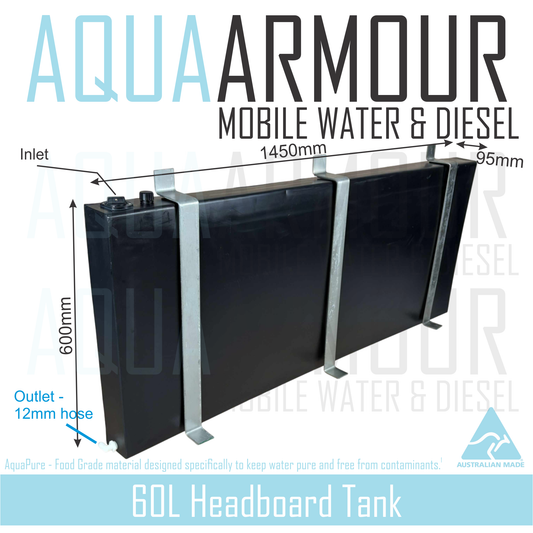 60L Slimline Headboard Fresh Water Tank with Brackets (two styles available).