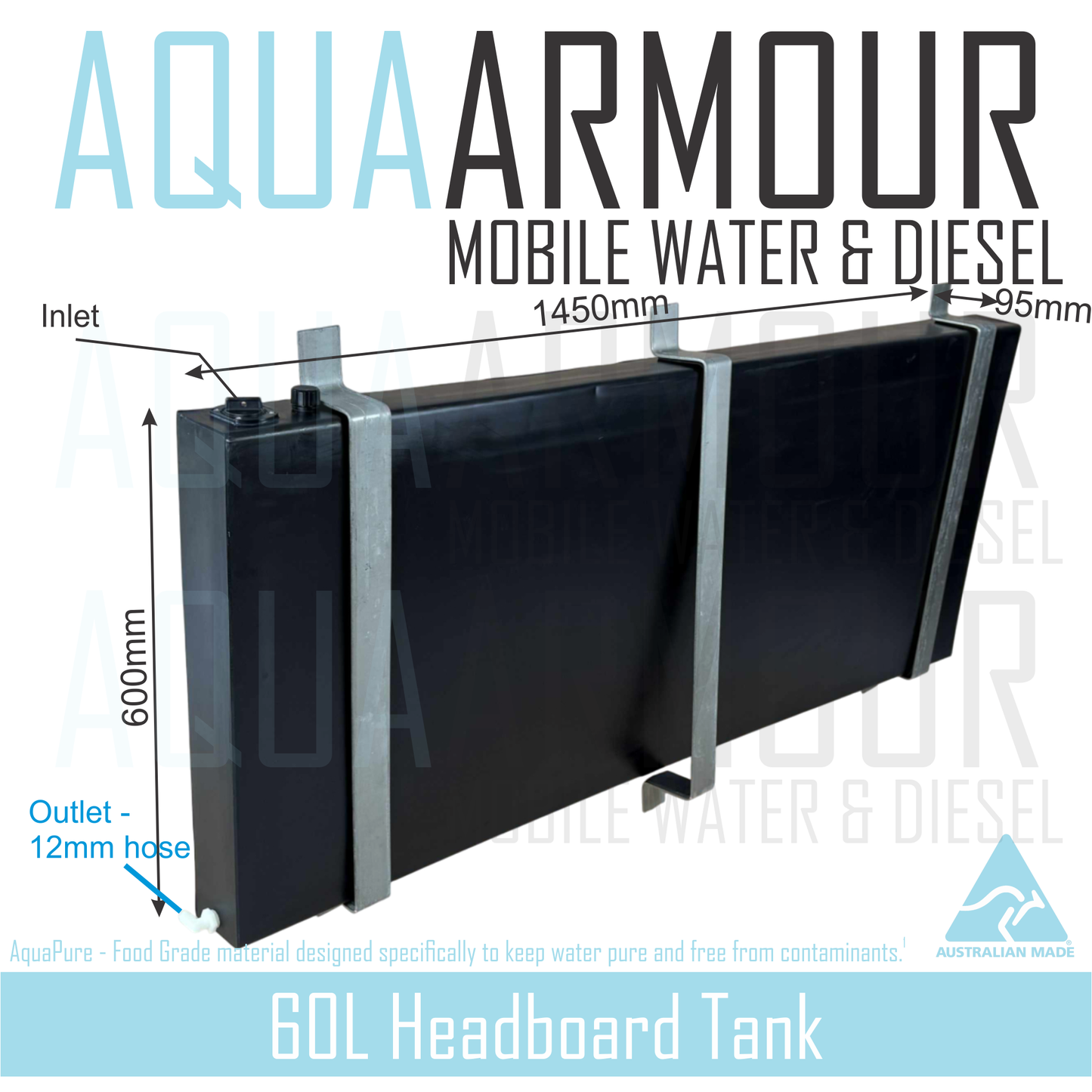 60L Slimline Headboard Fresh Water Tank with Brackets (two styles available).