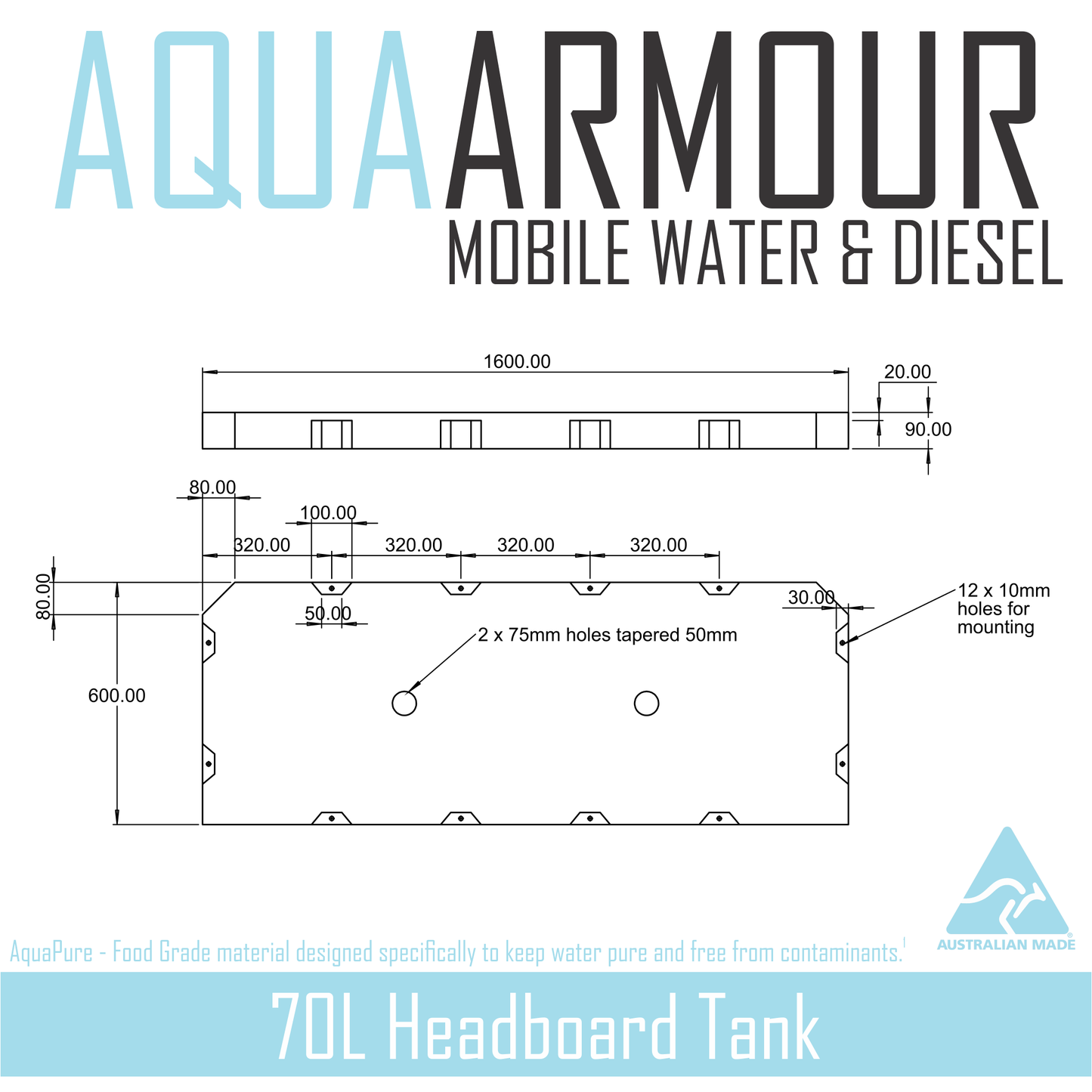 70L Fresh Water Tank for Ute Tray & Canopy Headboard (1600x600x90)