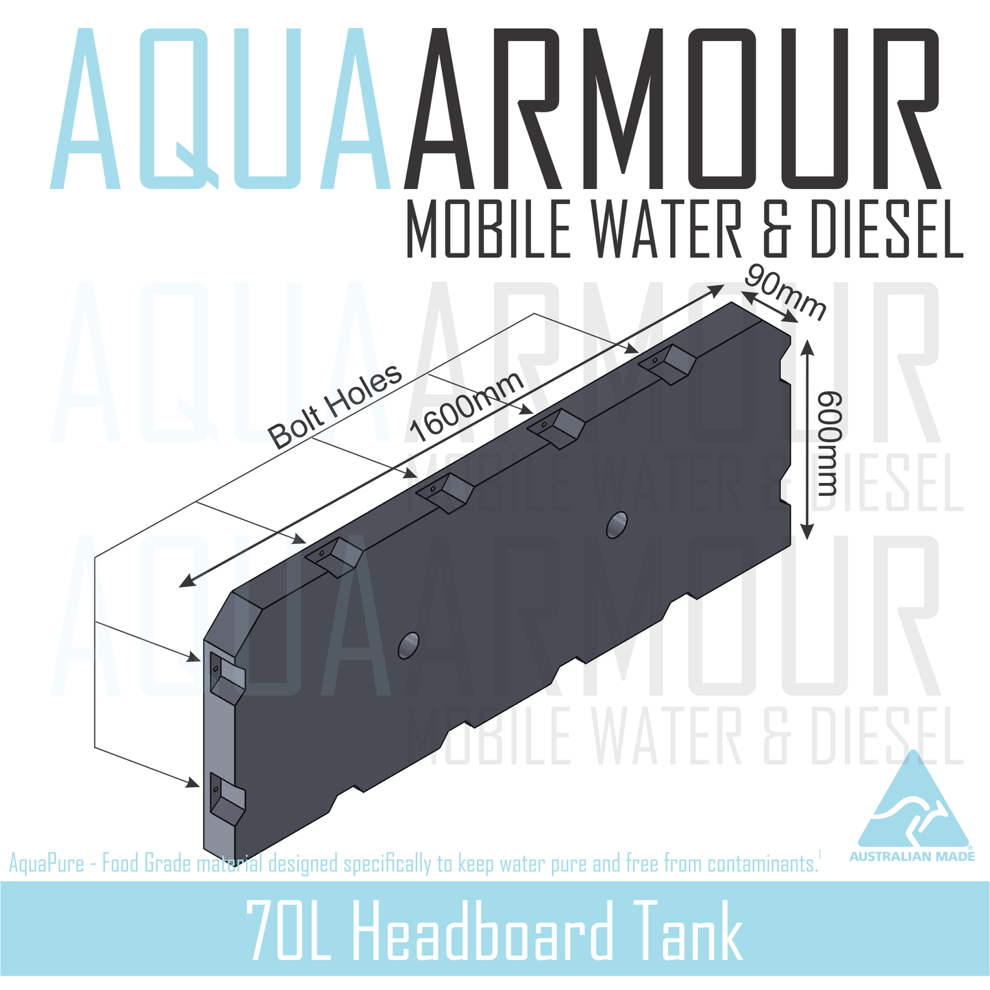 70L Fresh Water Tank for Ute Tray & Canopy Headboard (1600x600x90)