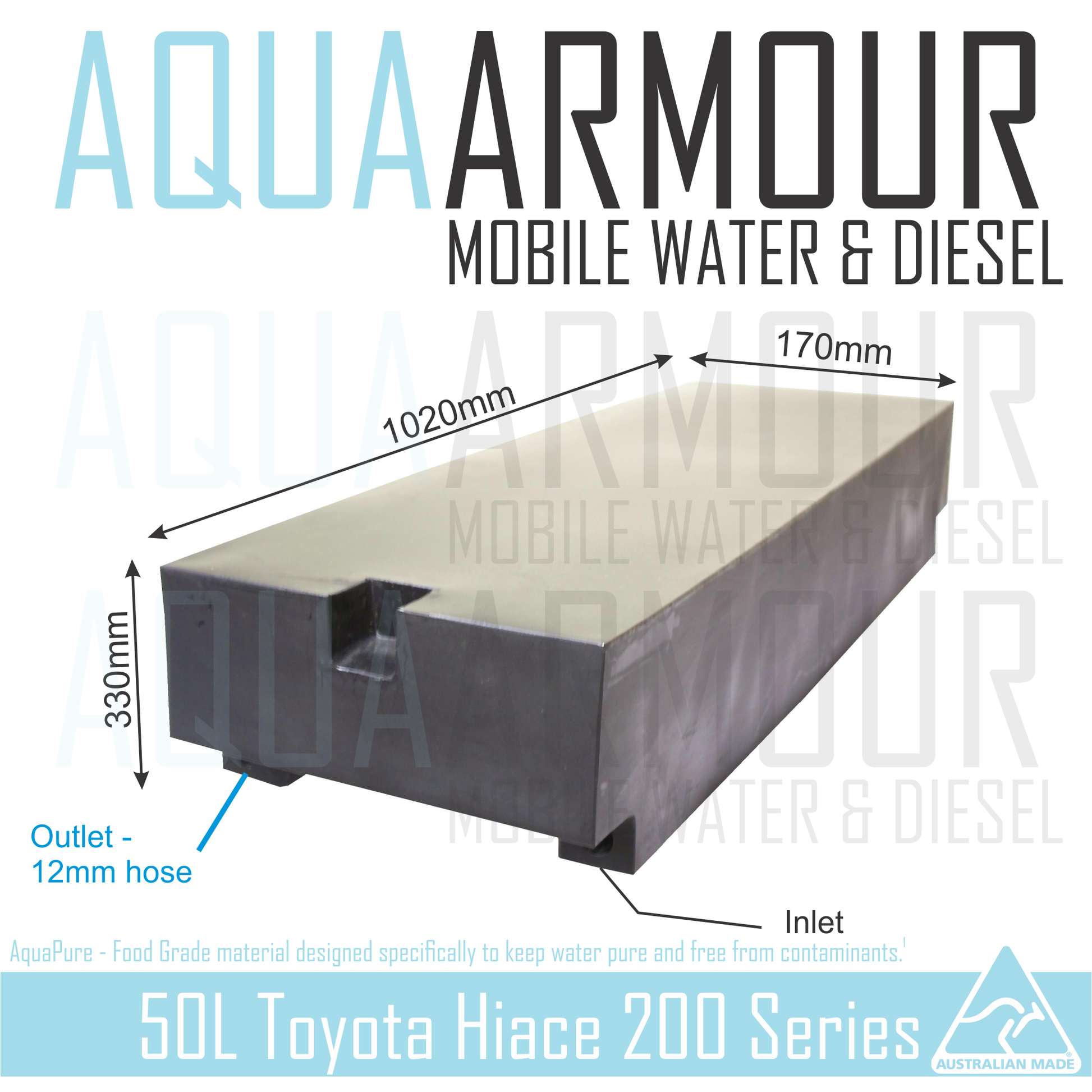 50L Toyota Hiace 200 Series Water Tank – LWB SLWB – Aqua Armour