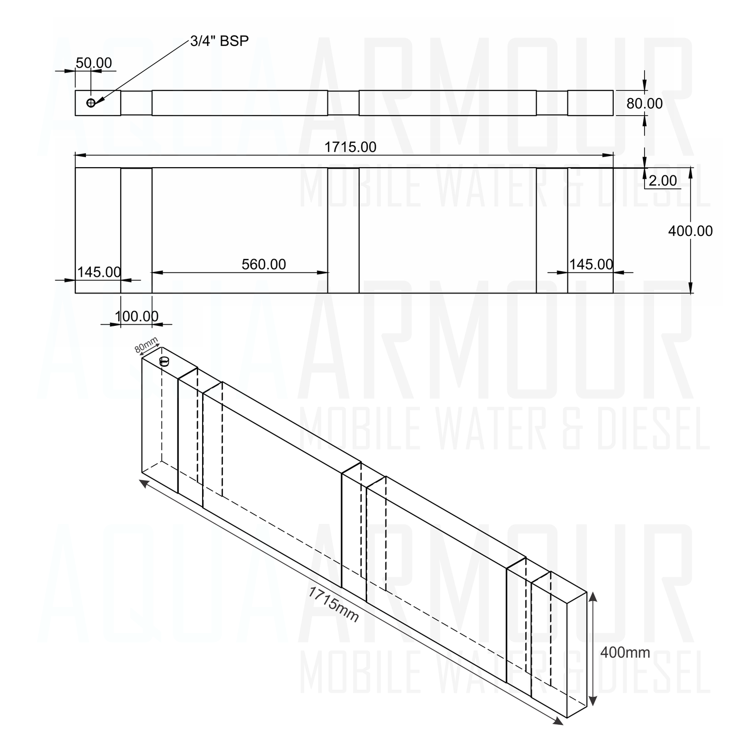 43L Slimline Headboard Fresh Water Tank - Direct Fill (172x40x8).